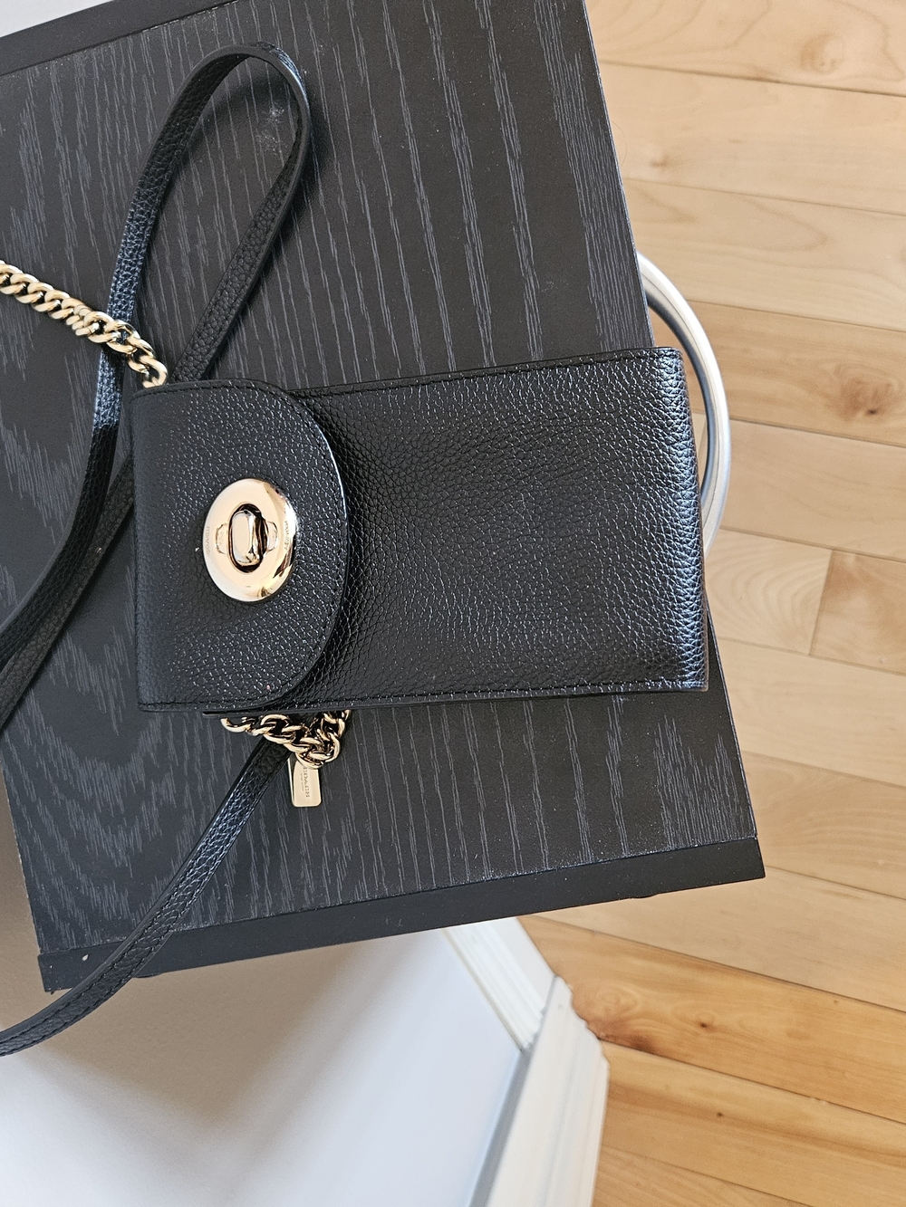 Coach Black Leather Crossbody Phone Bag with Gold-Tone Turnlock